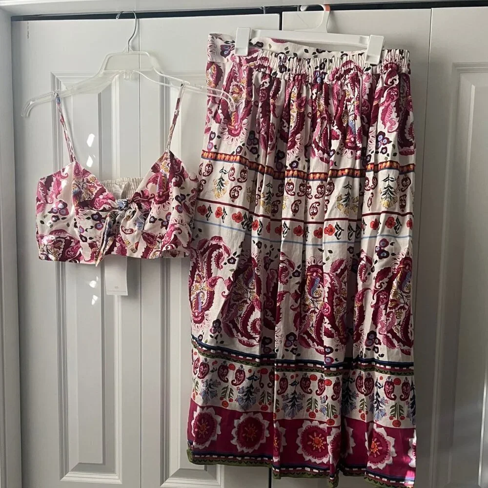 NWT Caroline Constas Linen 2 Piece Tropical Bralette Top and Skirt Set, Large - Picture 2 of 6
